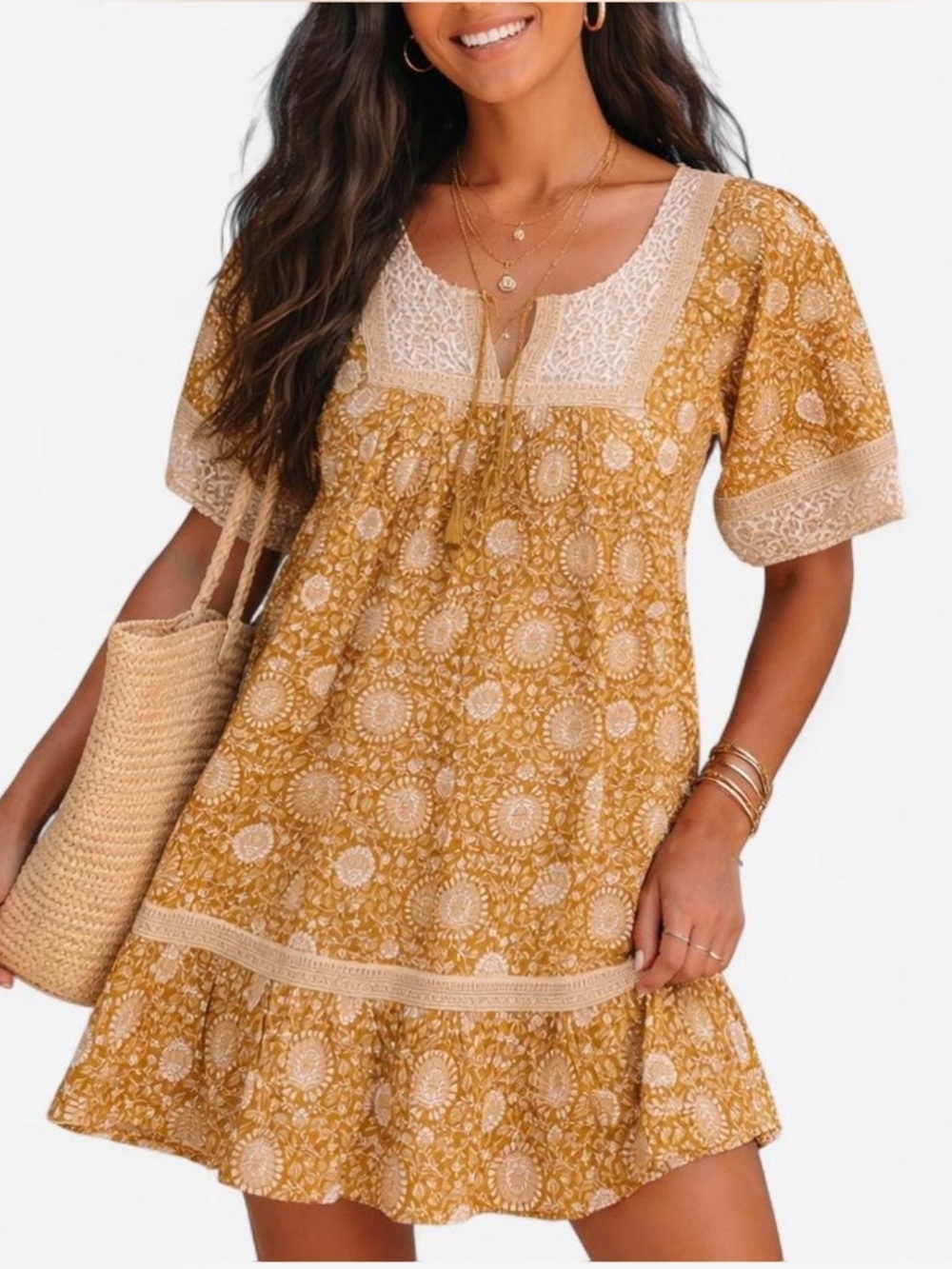 Old Navy Mustard Yellow Floral Puff Sleeve Mini Swing Dress